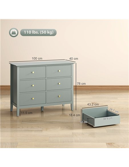 HOMCOM Fluted Dresser, 6 Drawer Chest of Drawers for Bedroom, Living Room, Hallway, Closet, Green - pic 183328 | FastDaddyshop