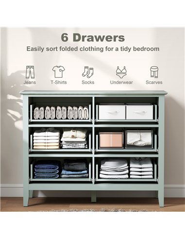 HOMCOM Fluted Dresser, 6 Drawer Chest of Drawers for Bedroom, Living Room, Hallway, Closet, Green
