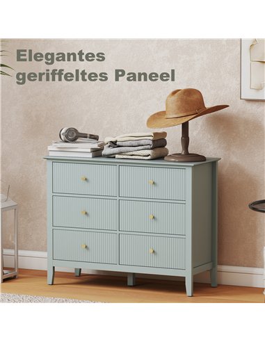 HOMCOM Fluted Dresser, 6 Drawer Chest of Drawers for Bedroom, Living Room, Hallway, Closet, Green