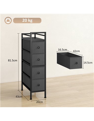 HOMCOM 4 Drawer Fabric Dresser Chest of Drawers, Slim Storage Cabinet with Steel Frame for Small Spaces, Bedroom, Black