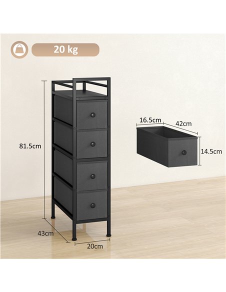 HOMCOM 4 Drawer Fabric Dresser Chest of Drawers, Slim Storage Cabinet with Steel Frame for Small Spaces, Bedroom, Black - pic 183337 | FastDaddyshop
