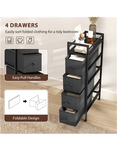 HOMCOM 4 Drawer Fabric Dresser Chest of Drawers, Slim Storage Cabinet with Steel Frame for Small Spaces, Bedroom, Black
