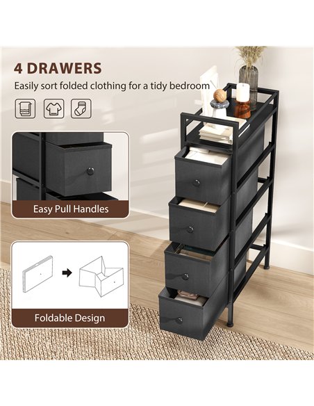 HOMCOM 4 Drawer Fabric Dresser Chest of Drawers, Slim Storage Cabinet with Steel Frame for Small Spaces, Bedroom, Black - pic 183339 | FastDaddyshop