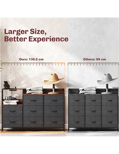 HOMCOM Chest of Eight Drawers, with Charging Station - Brown/Black