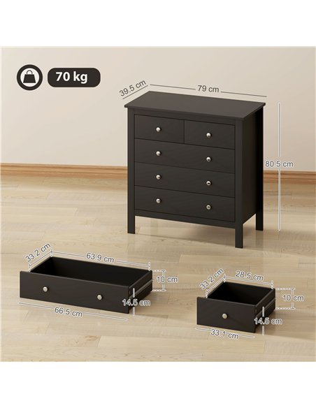 HOMCOM 5 Drawer Dresser for Bedroom, Modern Chest of Drawers, Wide Storage Unit for Living Room, Hallway, Black - pic 183355 | FastDaddyshop