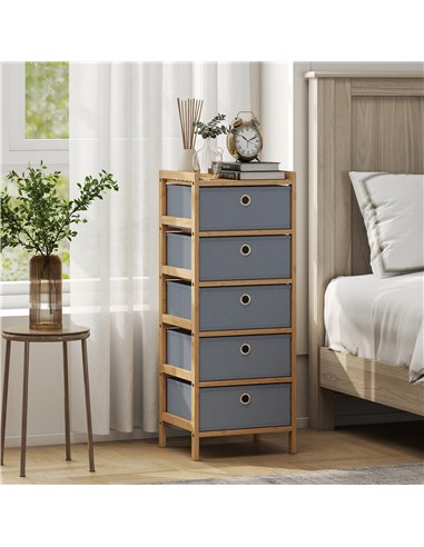 HOMCOM Chest of Drawers, 5 Fabric Drawers Narrow Dresser with Bamboo Frame, Light Grey