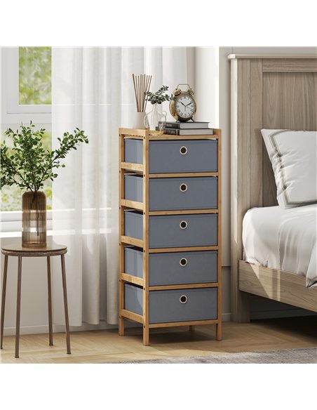 HOMCOM Chest of Drawers, 5 Fabric Drawers Narrow Dresser with Bamboo Frame, Light Grey - pic 183363 | FastDaddyshop