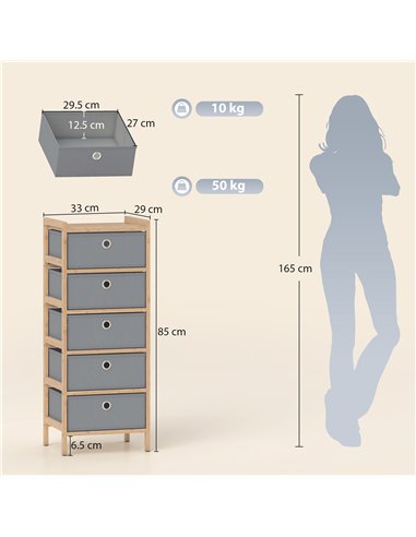 HOMCOM Chest of Drawers, 5 Fabric Drawers Narrow Dresser with Bamboo Frame, Light Grey