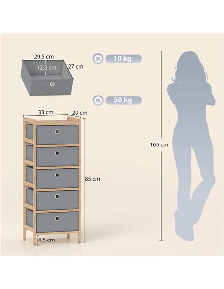 HOMCOM Chest of Drawers, 5 Fabric Drawers Narrow Dresser with Bamboo Frame, Light Grey - pic 183364 | FastDaddyshop