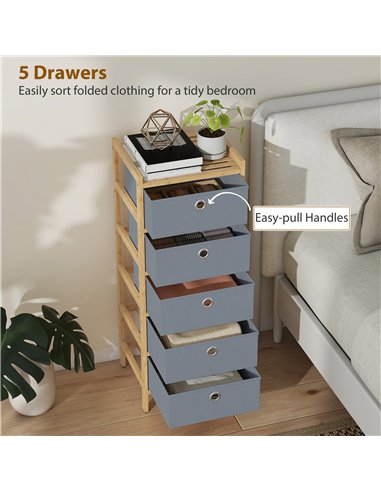 HOMCOM Chest of Drawers, 5 Fabric Drawers Narrow Dresser with Bamboo Frame, Light Grey