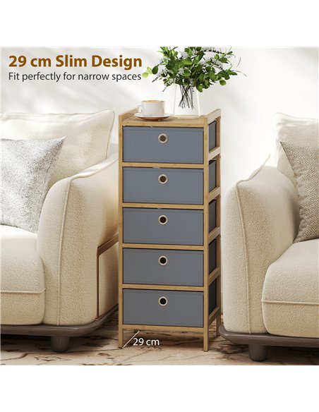 HOMCOM Chest of Drawers, 5 Fabric Drawers Narrow Dresser with Bamboo Frame, Light Grey - pic 183367 | FastDaddyshop