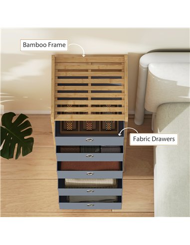 HOMCOM Chest of Drawers, 5 Fabric Drawers Narrow Dresser with Bamboo Frame, Light Grey