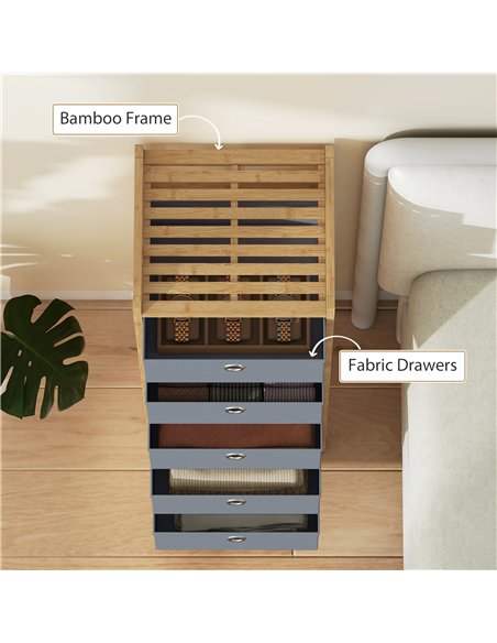 HOMCOM Chest of Drawers, 5 Fabric Drawers Narrow Dresser with Bamboo Frame, Light Grey - pic 183368 | FastDaddyshop
