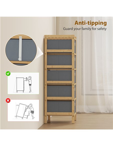 HOMCOM Chest of Drawers, 5 Fabric Drawers Narrow Dresser with Bamboo Frame, Light Grey - pic 183369 | FastDaddyshop