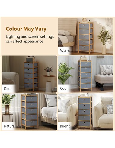 HOMCOM Chest of Drawers, 5 Fabric Drawers Narrow Dresser with Bamboo Frame, Light Grey