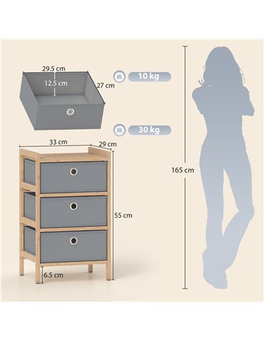HOMCOM Chest of Drawers, 3 Fabric Drawers Narrow Dresser with Bamboo Frame, Light Grey