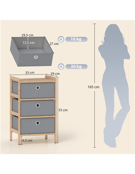 HOMCOM Chest of Drawers, 3 Fabric Drawers Narrow Dresser with Bamboo Frame, Light Grey - pic 183373 | FastDaddyshop