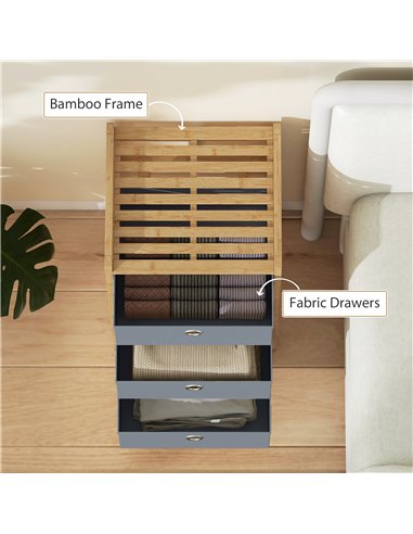 HOMCOM Chest of Drawers, 3 Fabric Drawers Narrow Dresser with Bamboo Frame, Light Grey