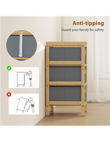 HOMCOM Chest of Drawers, 3 Fabric Drawers Narrow Dresser with Bamboo Frame, Light Grey