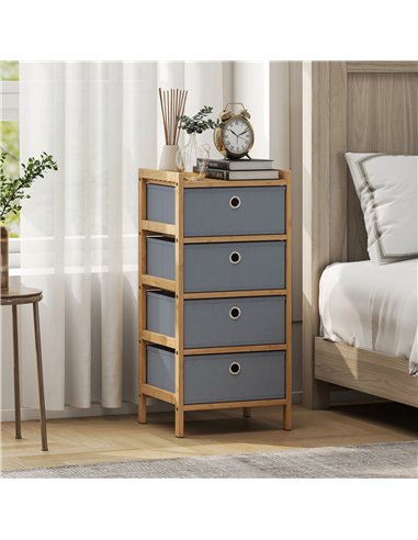 HOMCOM Chest of Drawers, 4 Fabric Drawers Narrow Dresser with Bamboo Frame, Light Grey