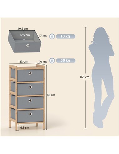 HOMCOM Chest of Drawers, 4 Fabric Drawers Narrow Dresser with Bamboo Frame, Light Grey