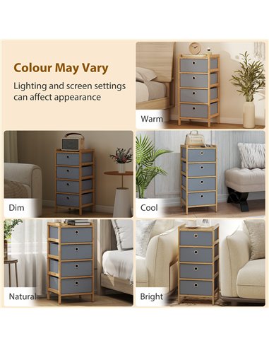 HOMCOM Chest of Drawers, 4 Fabric Drawers Narrow Dresser with Bamboo Frame, Light Grey