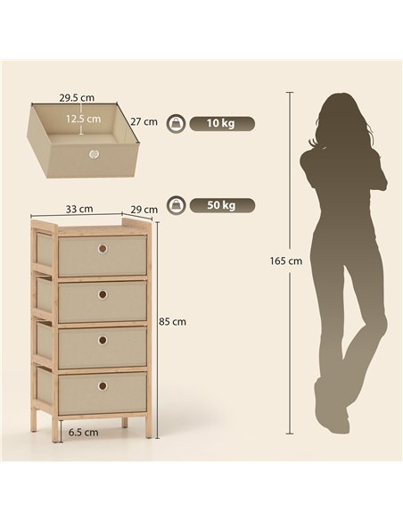 HOMCOM Chest of Drawers, 4 Fabric Drawers Narrow Dresser with Bamboo Frame, Cream White - pic 183391 | FastDaddyshop