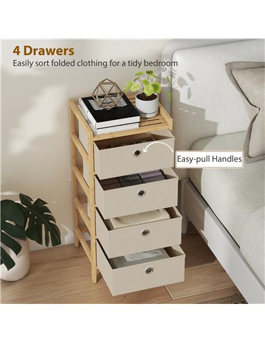 HOMCOM Chest of Drawers, 4 Fabric Drawers Narrow Dresser with Bamboo Frame, Cream White
