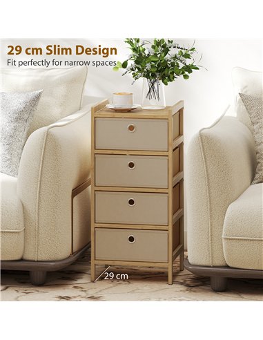 HOMCOM Chest of Drawers, 4 Fabric Drawers Narrow Dresser with Bamboo Frame, Cream White