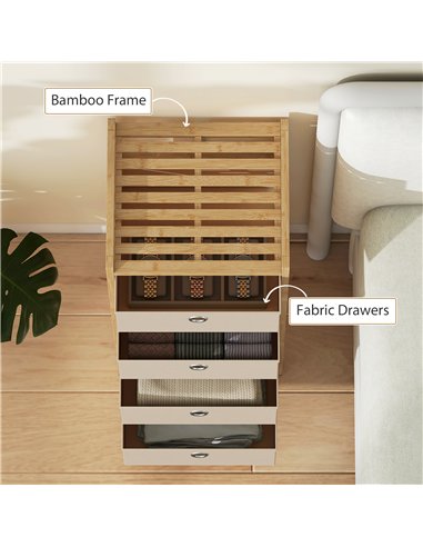 HOMCOM Chest of Drawers, 4 Fabric Drawers Narrow Dresser with Bamboo Frame, Cream White