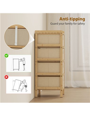 HOMCOM Chest of Drawers, 4 Fabric Drawers Narrow Dresser with Bamboo Frame, Cream White
