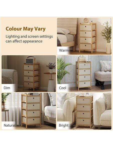 HOMCOM Chest of Drawers, 4 Fabric Drawers Narrow Dresser with Bamboo Frame, Cream White - pic 183397 | FastDaddyshop