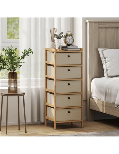 HOMCOM Chest of Drawers, 5 Fabric Drawers Narrow Dresser with Bamboo Frame, Cream White
