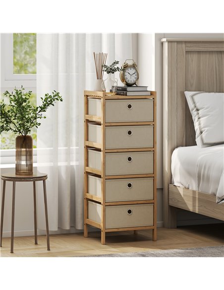 HOMCOM Chest of Drawers, 5 Fabric Drawers Narrow Dresser with Bamboo Frame, Cream White - pic 183399 | FastDaddyshop