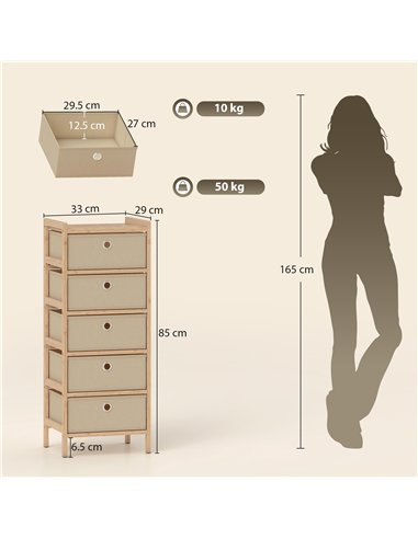 HOMCOM Chest of Drawers, 5 Fabric Drawers Narrow Dresser with Bamboo Frame, Cream White