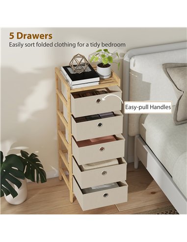 HOMCOM Chest of Drawers, 5 Fabric Drawers Narrow Dresser with Bamboo Frame, Cream White