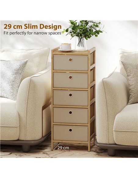HOMCOM Chest of Drawers, 5 Fabric Drawers Narrow Dresser with Bamboo Frame, Cream White - pic 183403 | FastDaddyshop