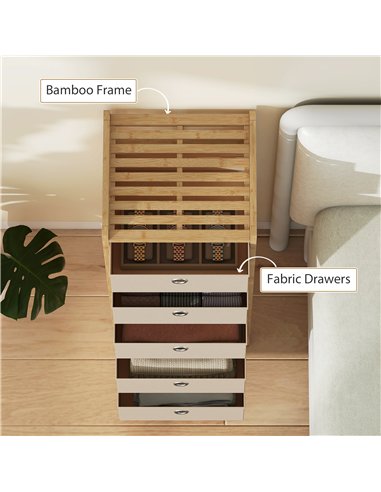 HOMCOM Chest of Drawers, 5 Fabric Drawers Narrow Dresser with Bamboo Frame, Cream White