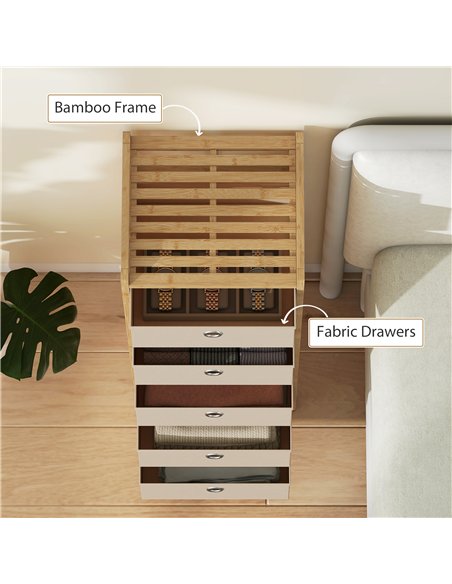 HOMCOM Chest of Drawers, 5 Fabric Drawers Narrow Dresser with Bamboo Frame, Cream White - pic 183404 | FastDaddyshop