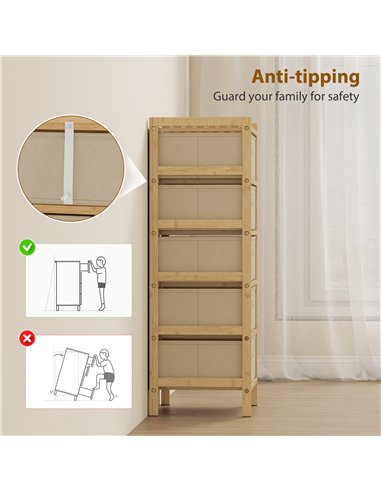 HOMCOM Chest of Drawers, 5 Fabric Drawers Narrow Dresser with Bamboo Frame, Cream White