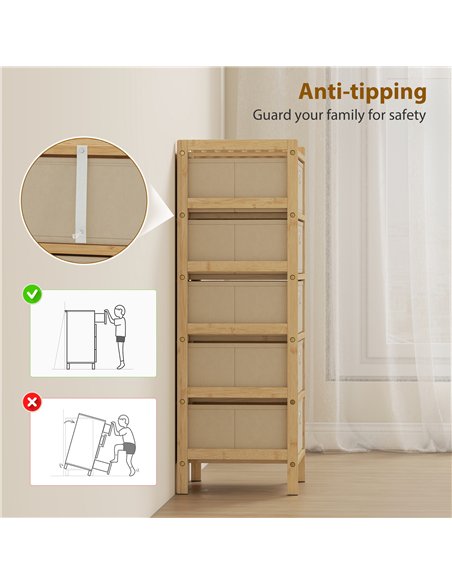 HOMCOM Chest of Drawers, 5 Fabric Drawers Narrow Dresser with Bamboo Frame, Cream White - pic 183405 | FastDaddyshop