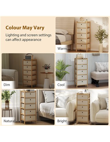 HOMCOM Chest of Drawers, 5 Fabric Drawers Narrow Dresser with Bamboo Frame, Cream White
