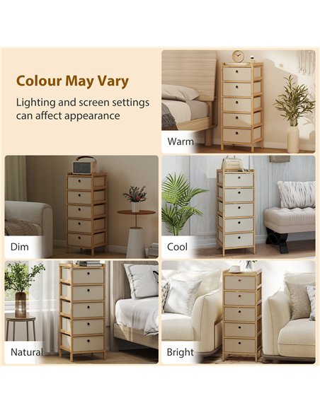 HOMCOM Chest of Drawers, 5 Fabric Drawers Narrow Dresser with Bamboo Frame, Cream White - pic 183406 | FastDaddyshop