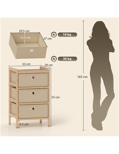 HOMCOM Chest of Drawers, 3 Fabric Drawers Narrow Dresser with Bamboo Frame, Cream White