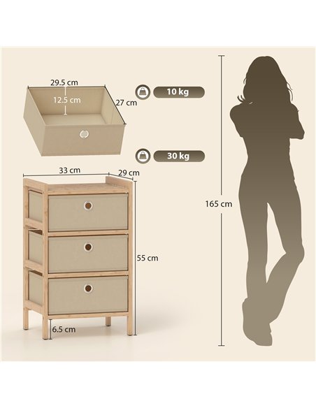 HOMCOM Chest of Drawers, 3 Fabric Drawers Narrow Dresser with Bamboo Frame, Cream White - pic 183409 | FastDaddyshop