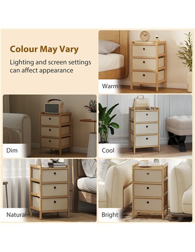 HOMCOM Chest of Drawers, 3 Fabric Drawers Narrow Dresser with Bamboo Frame, Cream White
