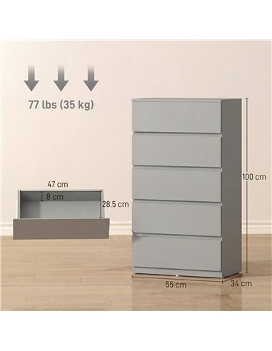 HOMCOM Chest of Drawers, 5-Drawer Storage Cabinets, Modern Dresser, Storage Drawer Unit for Bedroom
