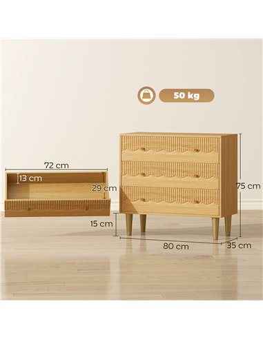 HOMCOM Dresser for Bedroom 3 Drawer Chest of Drawers with Steel Frame for Living Room in Oak