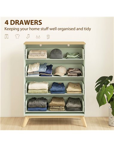 HOMCOM 4 Drawer Storage Cabinet, Chest of Drawers for Bedroom Living Room, Light Green and Oak