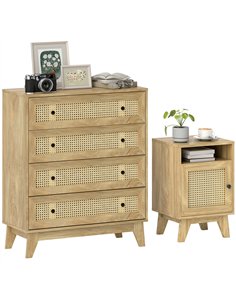 HOMCOM Chest of Drawer with 4 Rattan Drawers, Beside Table with Door, Natural